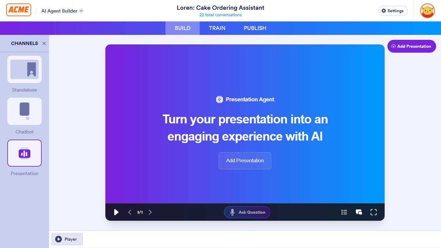 Presentation Agent channel under the Build tab of Jotform Enterprise AI Agent Builder