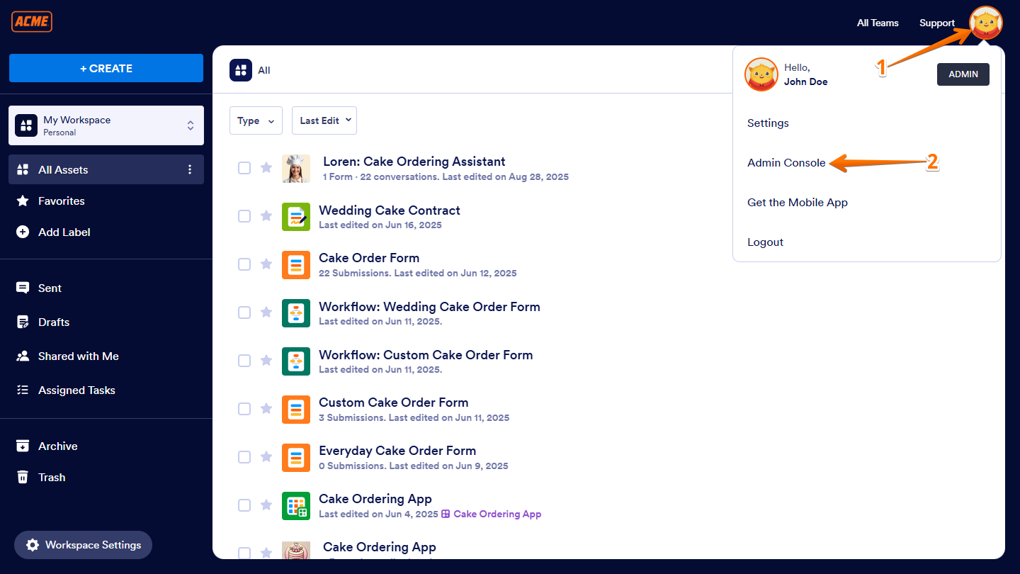 Admin Console option in the Profile menu of Enterprise Workspace page
