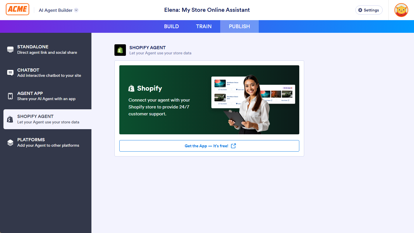 Shopify Agent channel under the Build tab of Enterprise AI Agent Builder