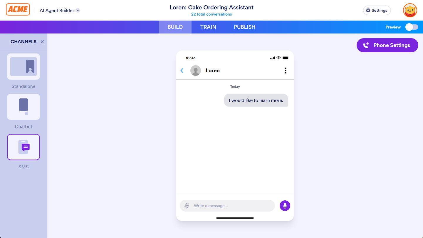 SMS Agent channel under the Build tab of Enterprise AI Agent Builder