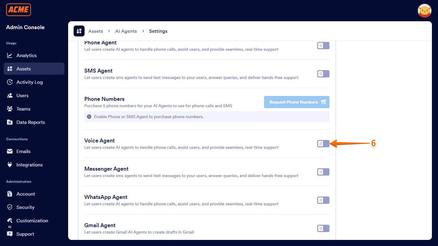 Disabled Voice Agent in Settings of the AI Agents section under the Assets tab of the Enterprise Admin Console