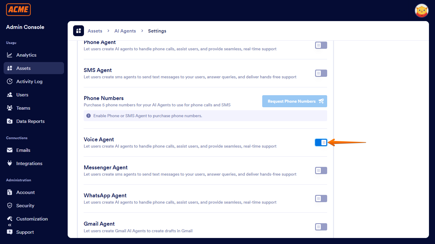 Enabled Voice Agent in Settings of the AI Agents section under the Assets tab of the Enterprise Admin Console