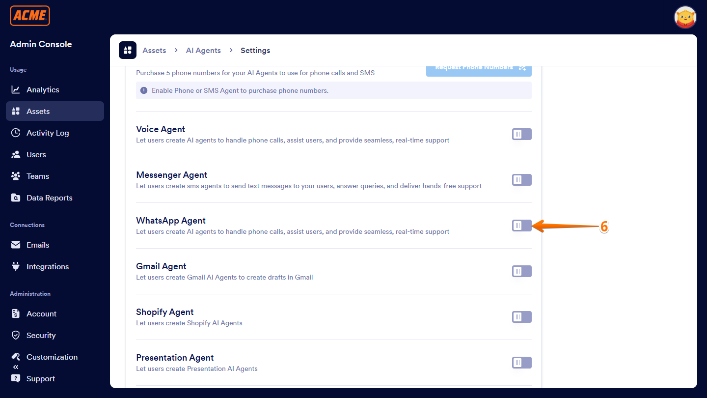 WhatsApp Agent toggle switch in Settings of the AI Agents section under the Assets tab of the Enterprise Admin Console
