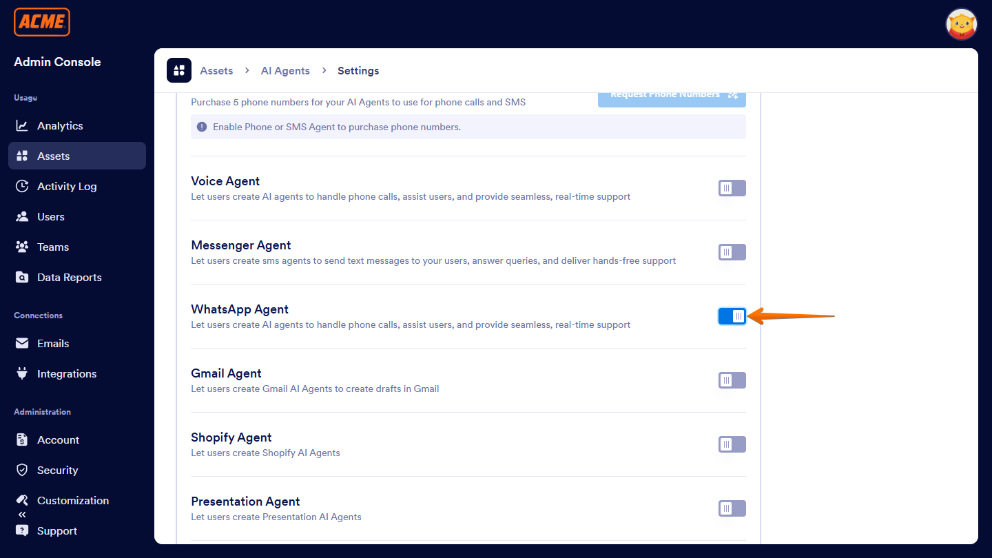 Enabled WhatsApp Agent in Settings of the AI Agents section under the Assets tab of the Enterprise Admin Console