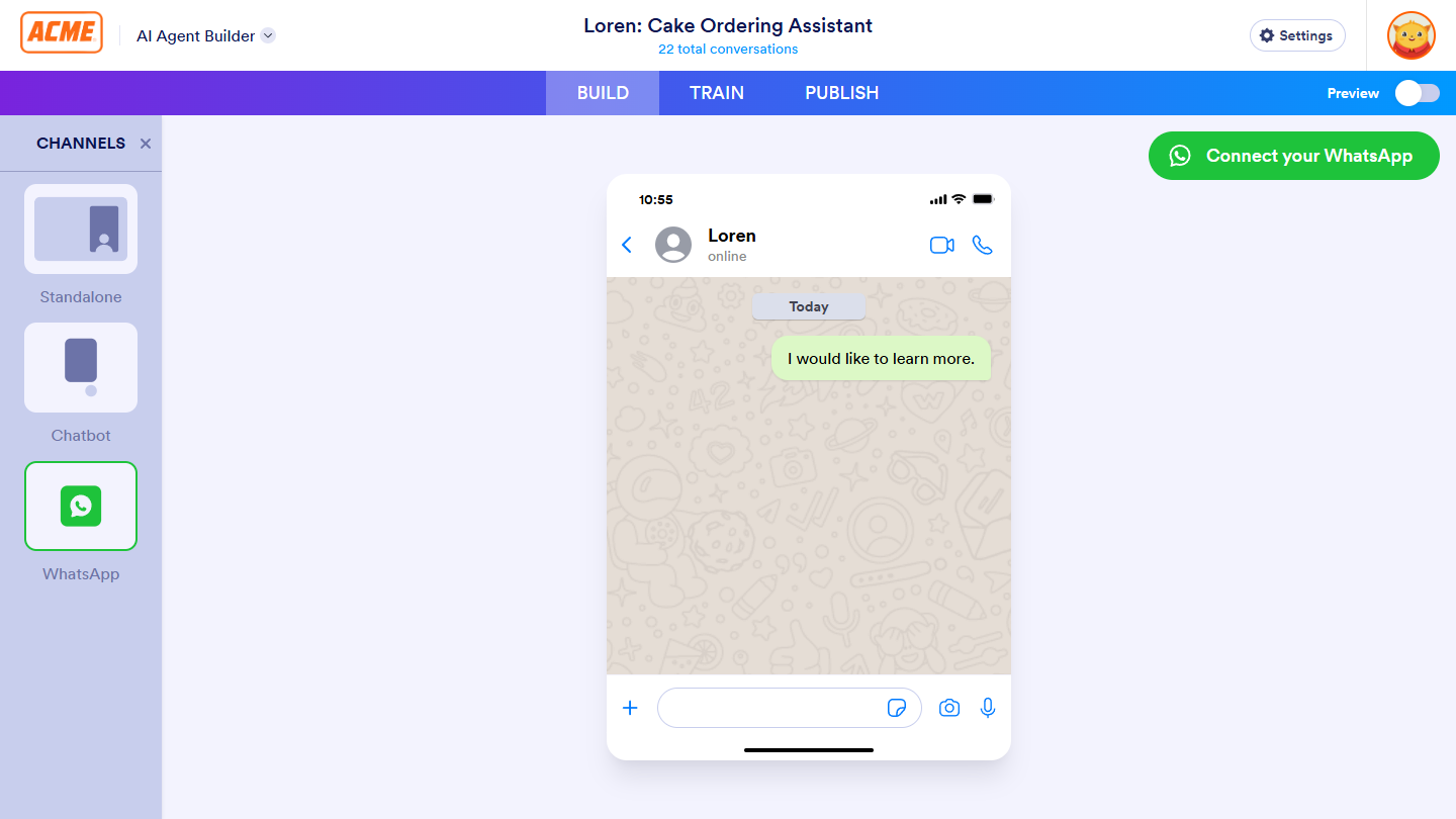WhatsApp Agent channel under the Build tab of Enterprise AI Agent Builder