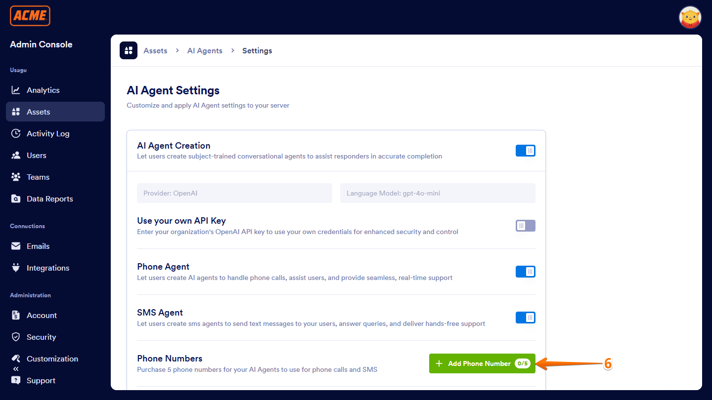 Add Phone Number button in AI Agent Settings of the AI Agents section under the Assets tab of the Enterprise Admin Console