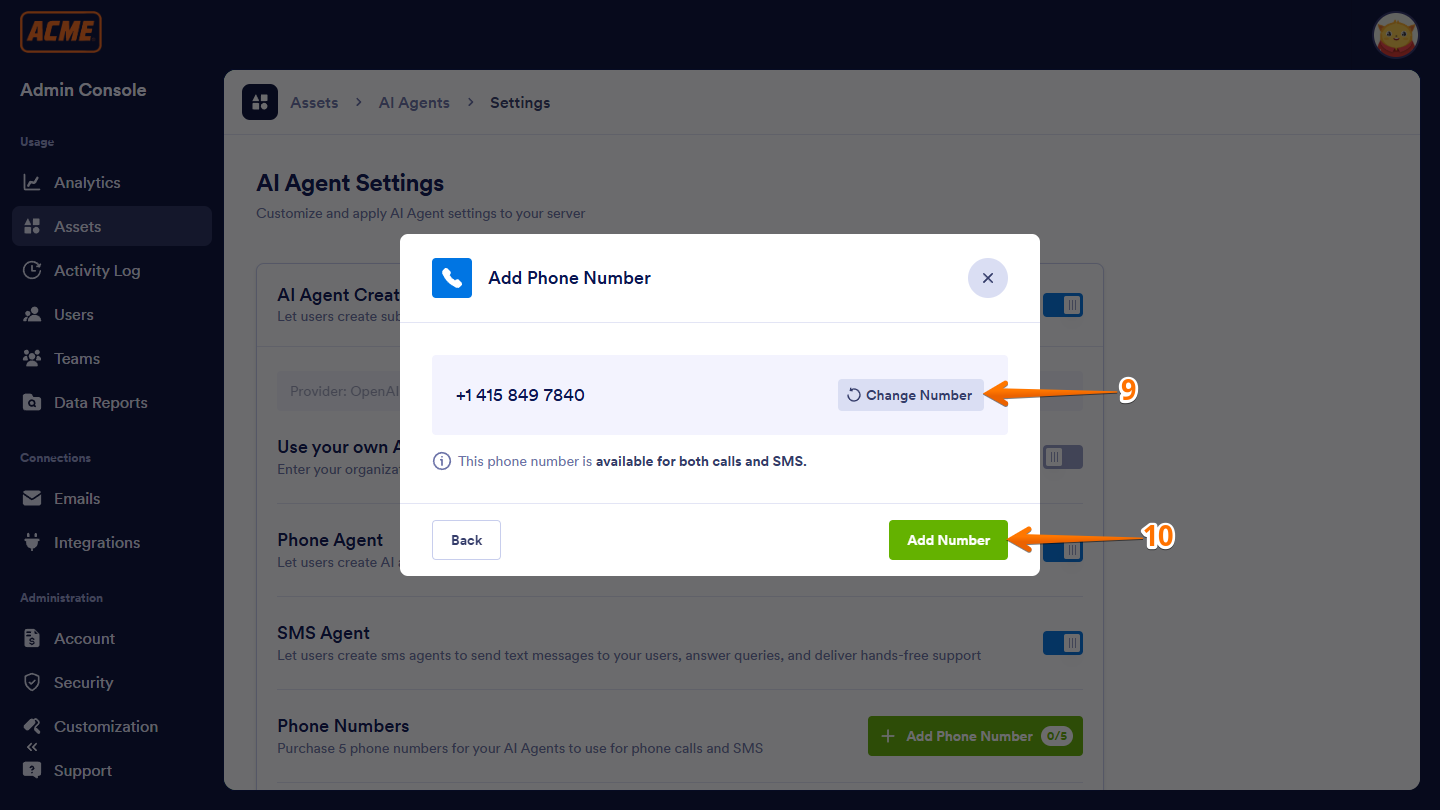 Add Number and Change Number buttons of the Add Phone Number window in Enterprise Admin Console