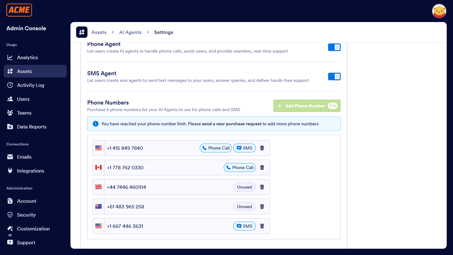 Phone Number limit reached in the AI Agent Settings section under the Assets tab in Enterprise Admin Console