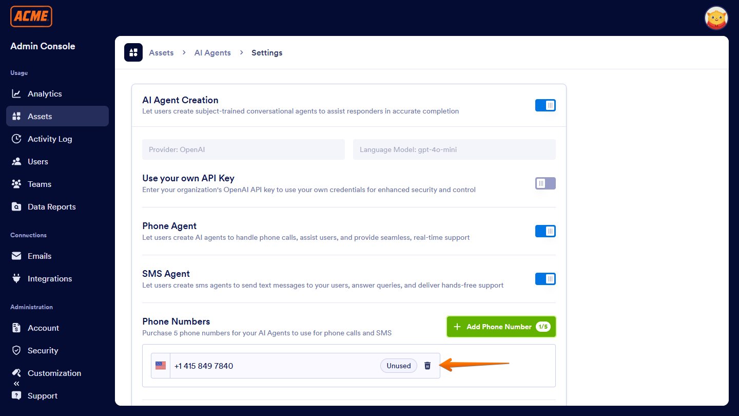 Unused new phone number in the AI Agent Settings section under the Assets tab in Enterprise Admin Console