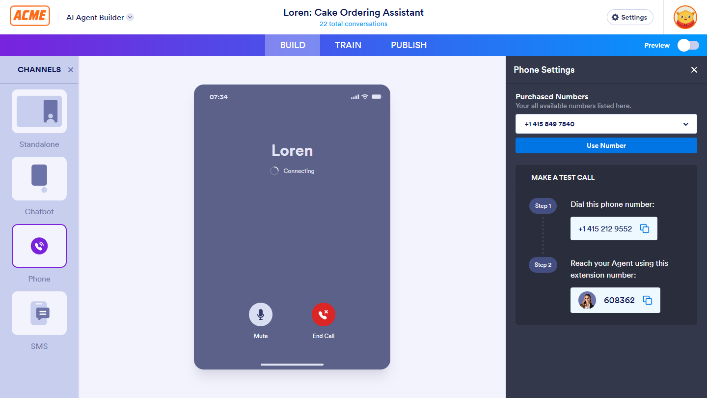 Purchased Numbers Dropdown menu in the Phone Settings window under the Build tab of AI Agent Builder