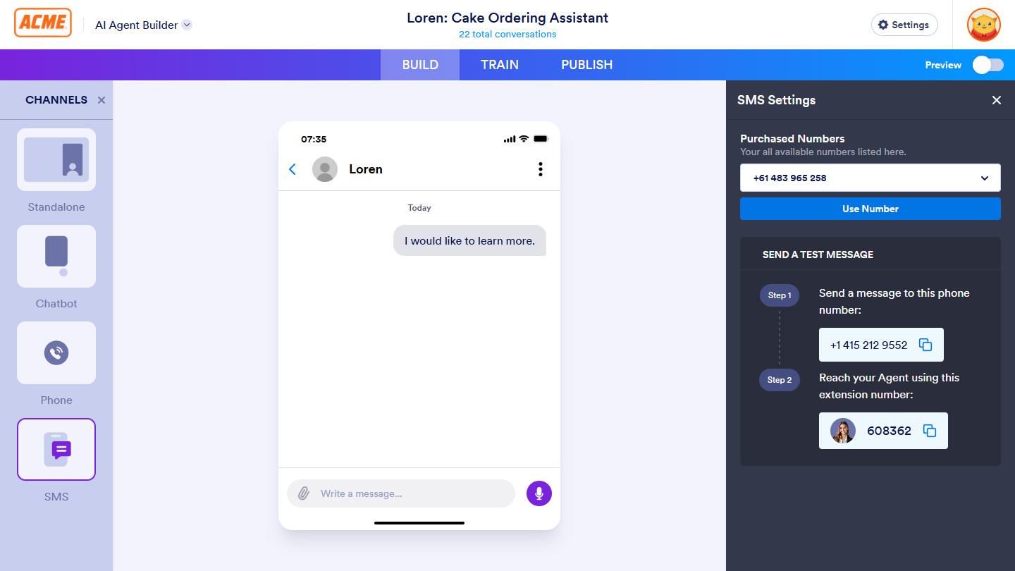 Purchased Numbers Dropdown menu in the SMS Settings window under the Build tab of AI Agent Builder