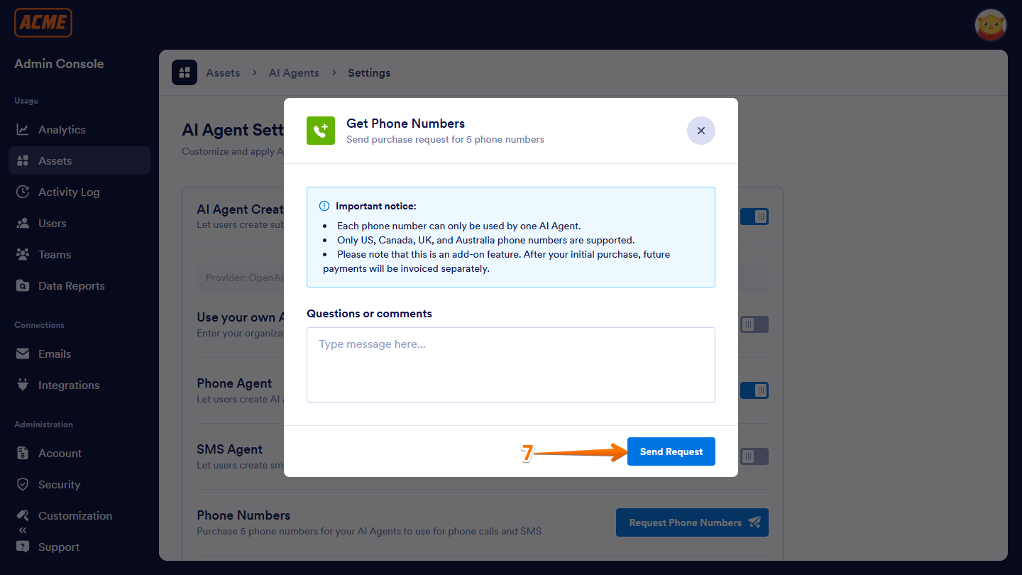Send Request button of the Get Phone Numbers window in the Enterprise Admin Console