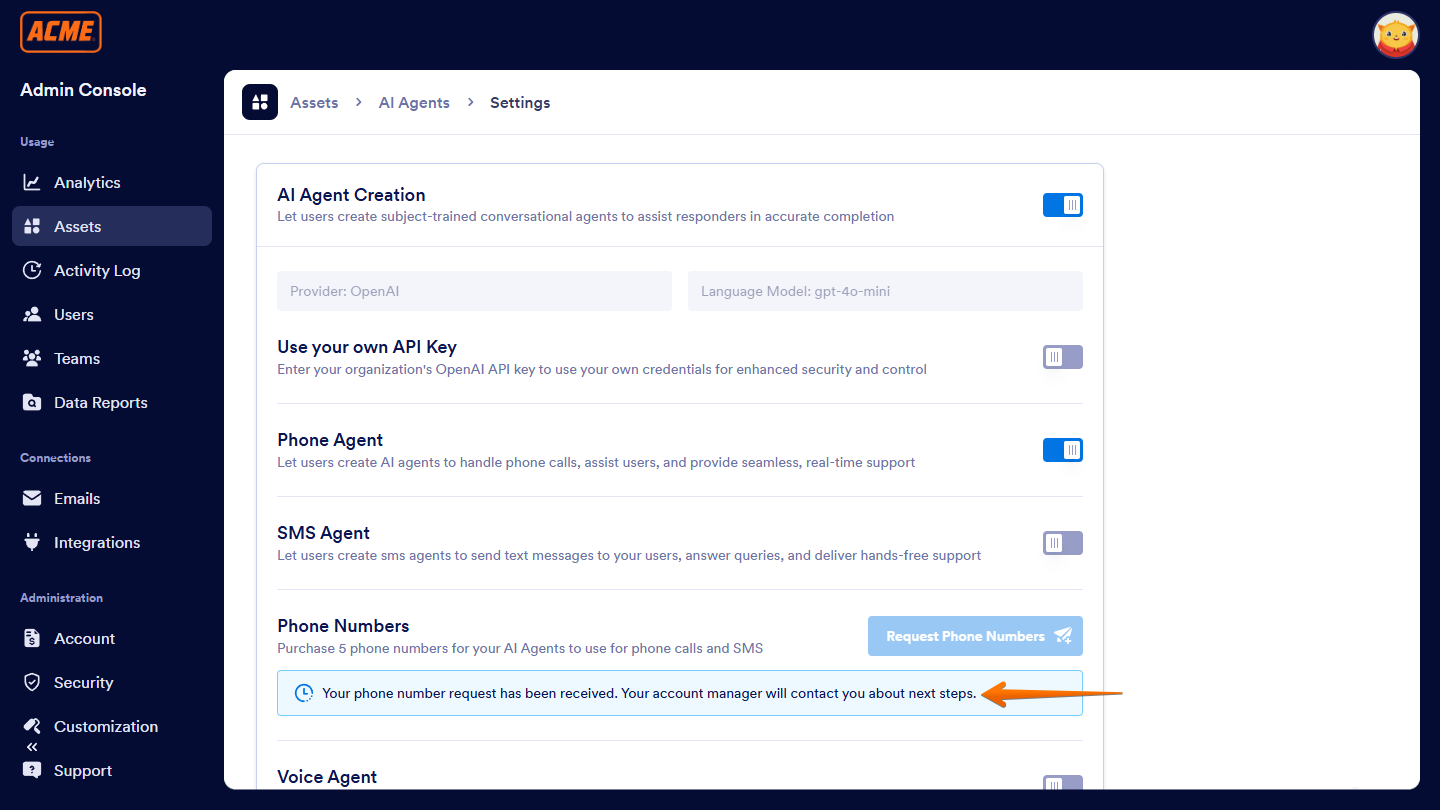 Request has been received message in the AI Agent Settings section of the Assets tab in Enterprise Admin Console