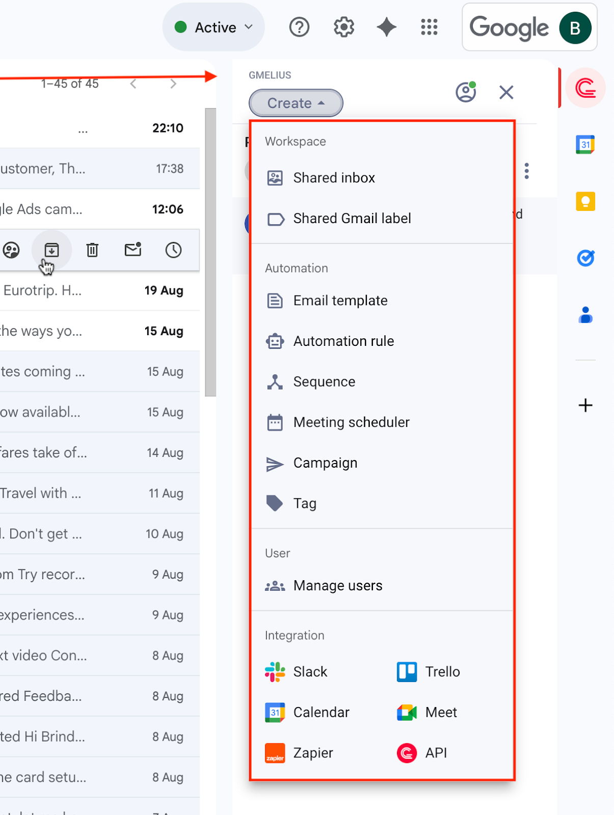 Gmail Gmelius Extension Menu