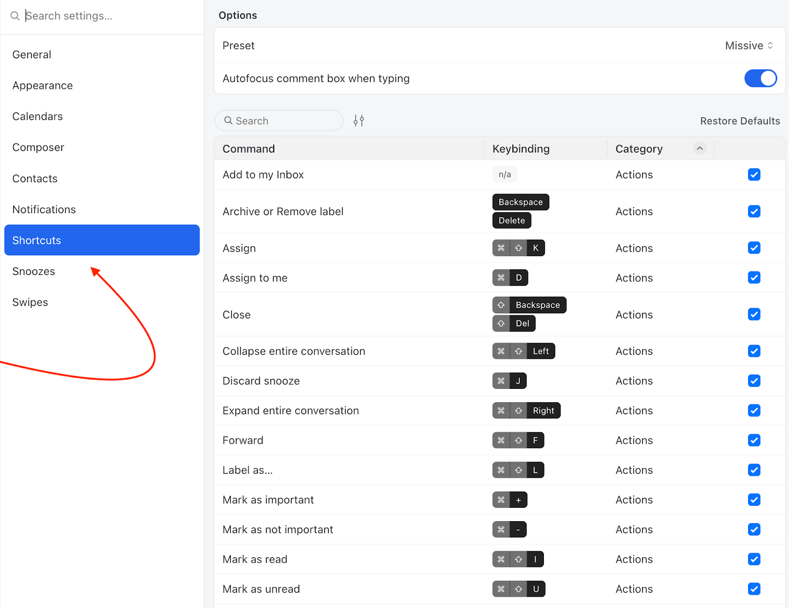 Missive Keyboard Shortcuts