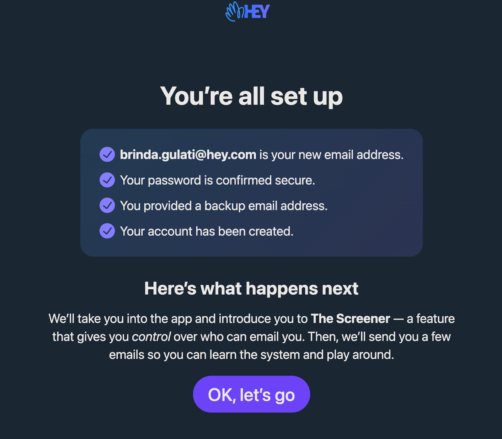 HEY Sign Up Complete Screen