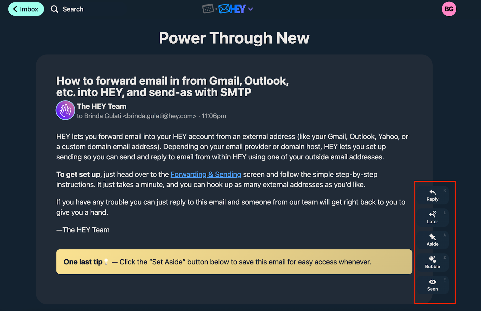 HEY Mail Reply, Later, Aside, Bubble and Seen Options