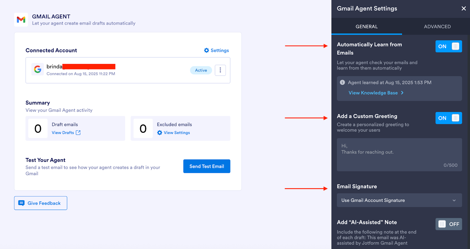 Jotform AI Agent Builder Gmail Agent Settings Menu
