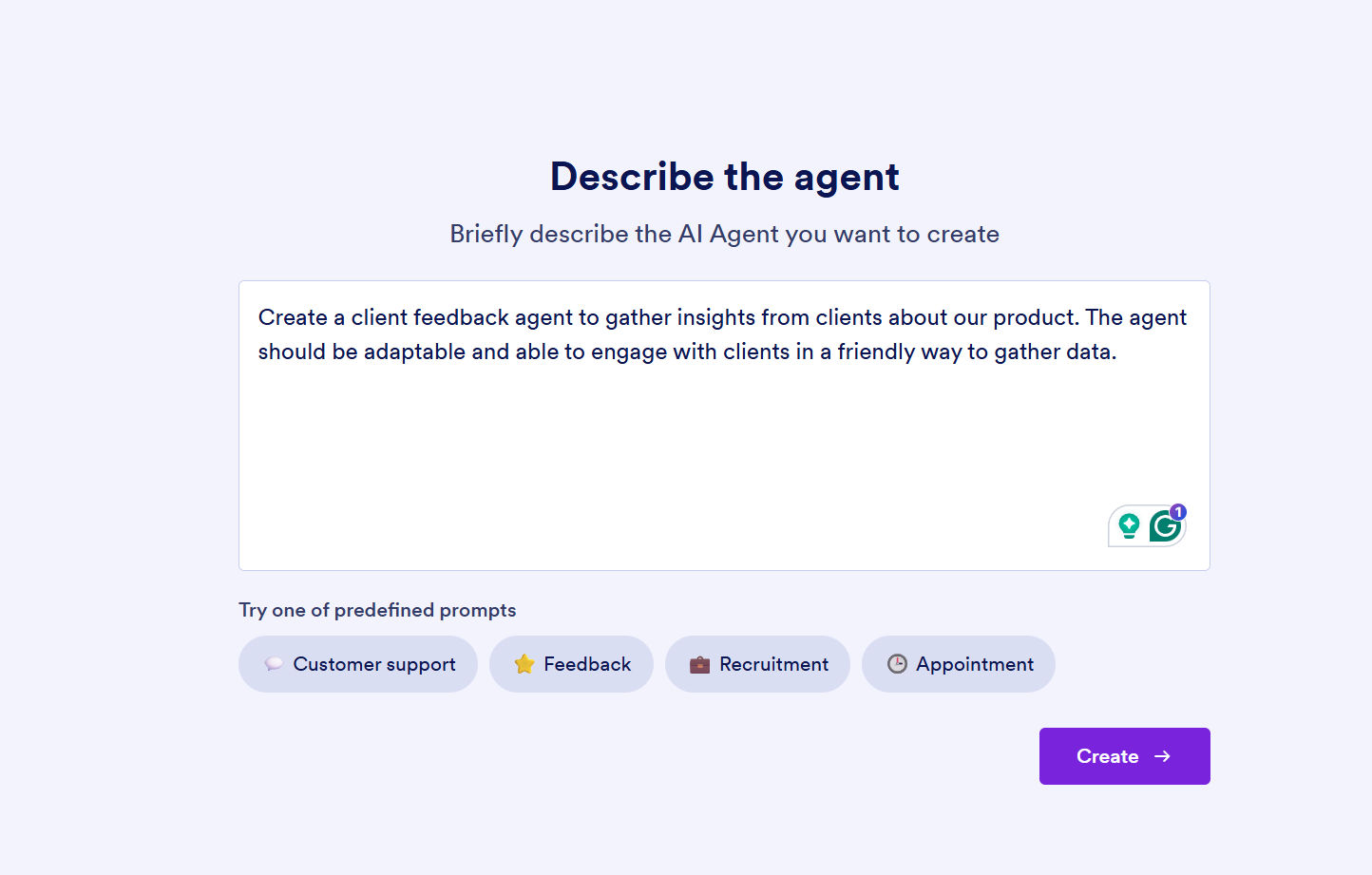 Jotform AI Agent Builder Describe the agent Box