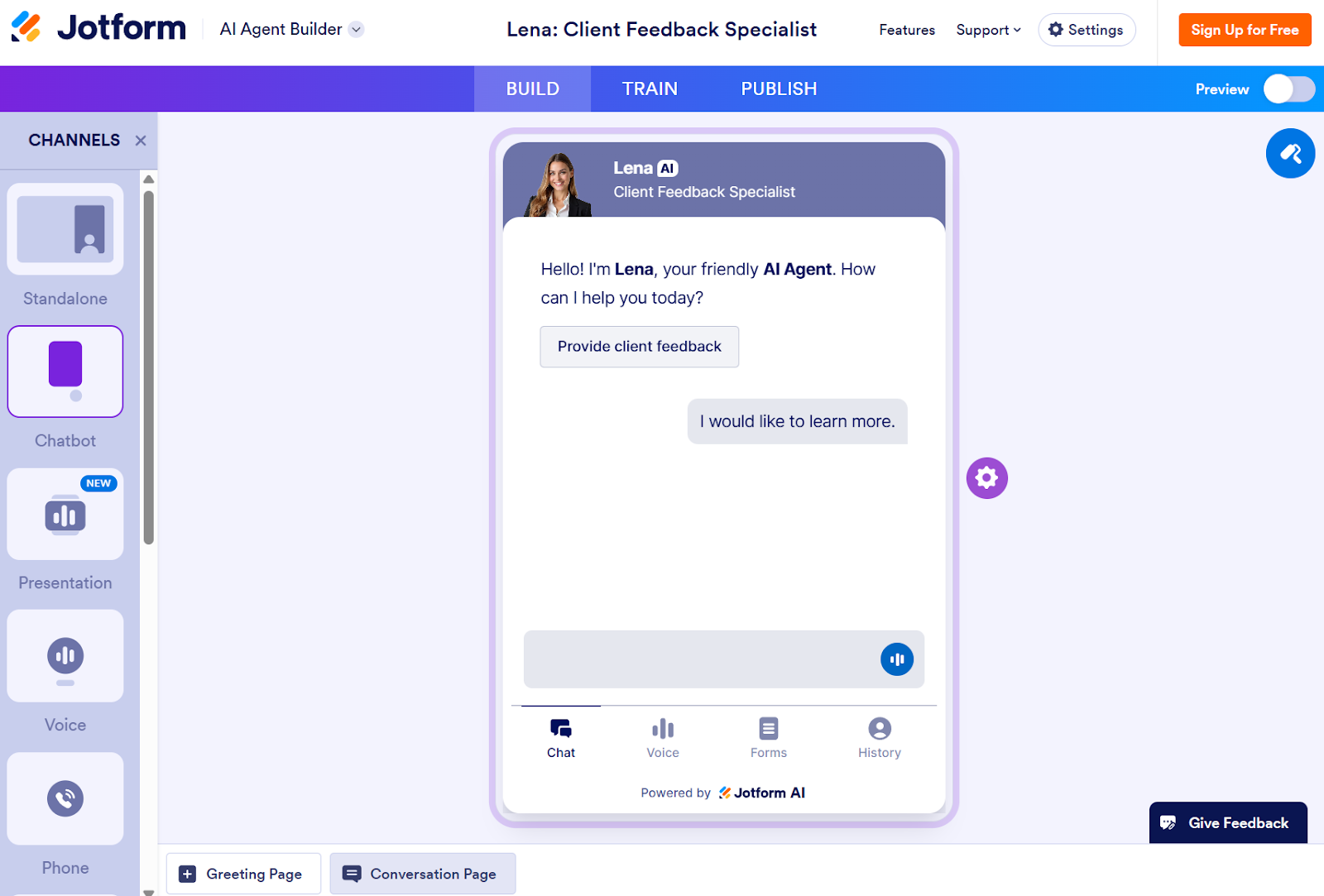 Jotform AI Agent Builder Page