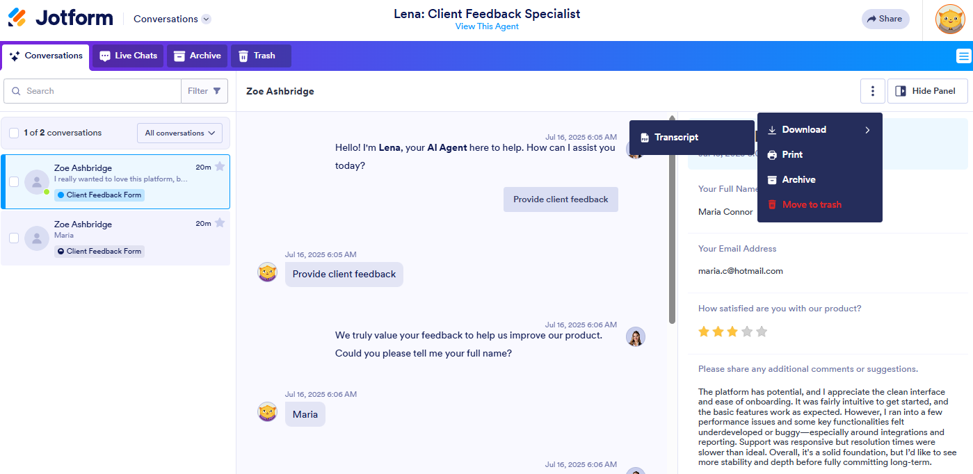 Jotform Transcript Download Option