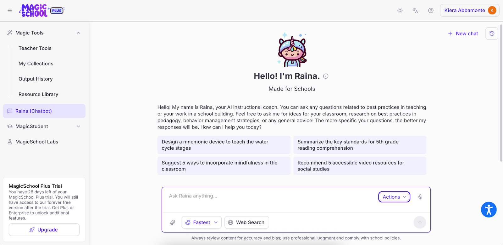screenshot of magic school product interface showing the chatbot page