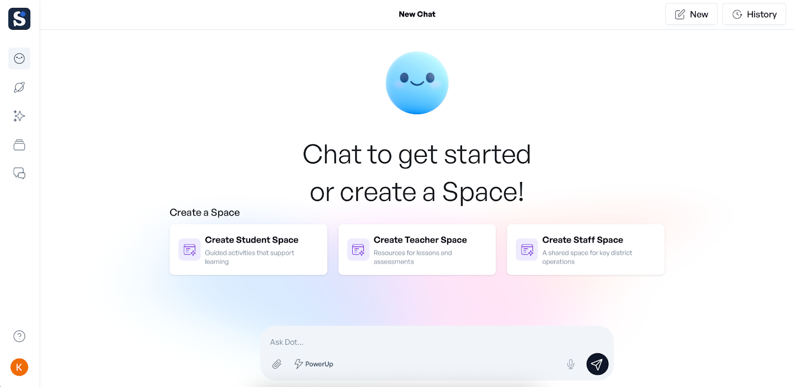 screenshot of School AI product interface showing the chat page with the words chat to get started or create a space