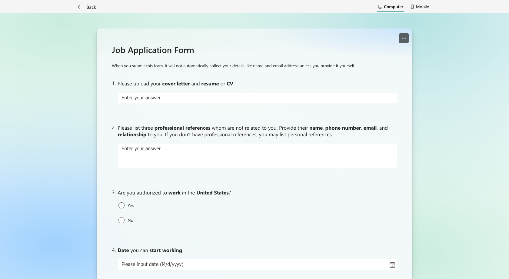 Microsoft Forms Preview Mode