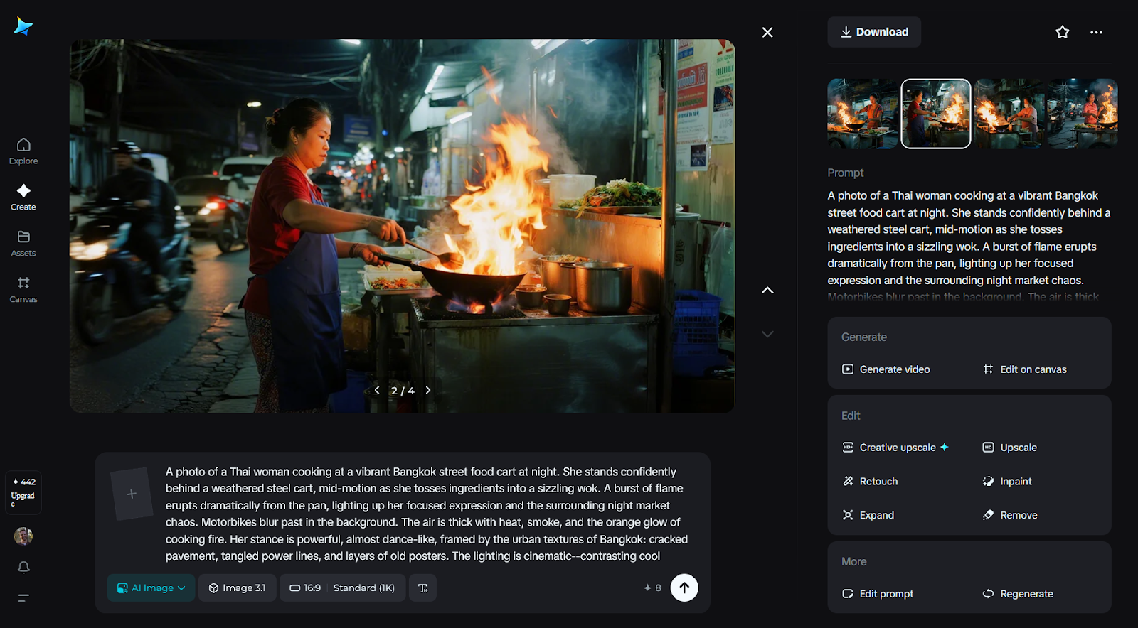 Screenshot shows an AI-generated image made with Dreamina of a Thai woman cooking at a street food cart at night