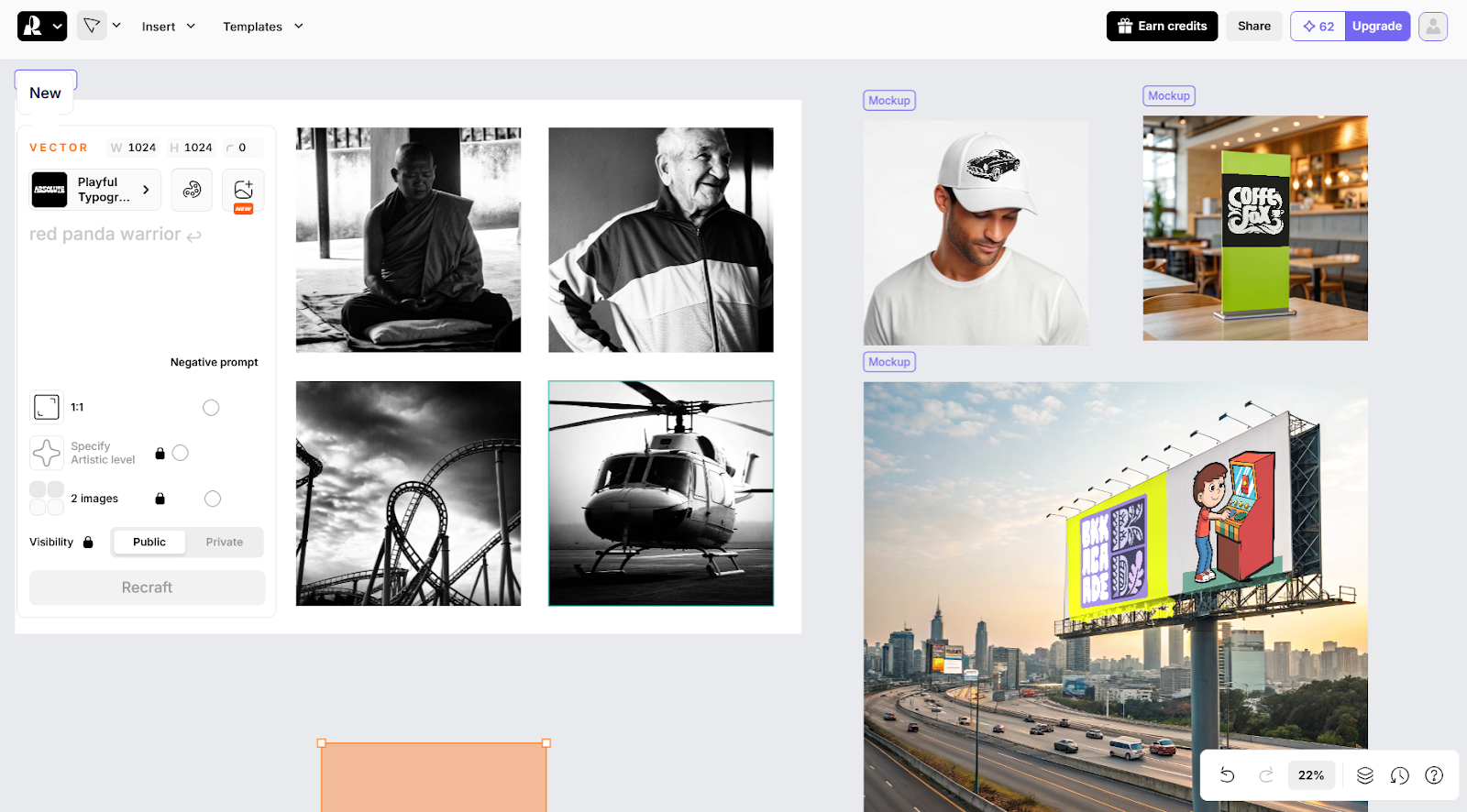 Screenshot from the Recraft website, showing the user interface and some mock-up branding images