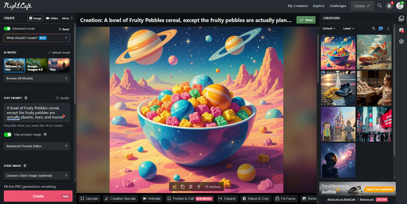 Screenshot from the NightCafe website showing an AI image created from a prompt for a bowl of Fruity Pebbles cereal with actual planets, stars, and moons