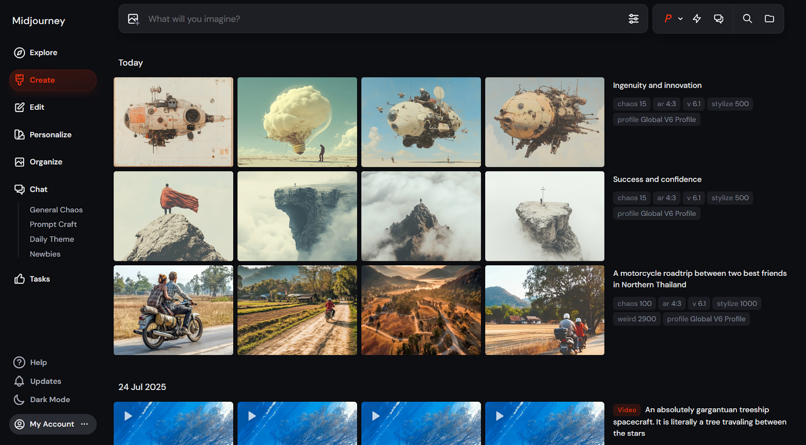 Screenshot of the Midjourney website showing several image generations each for three different image prompts and one video prompt