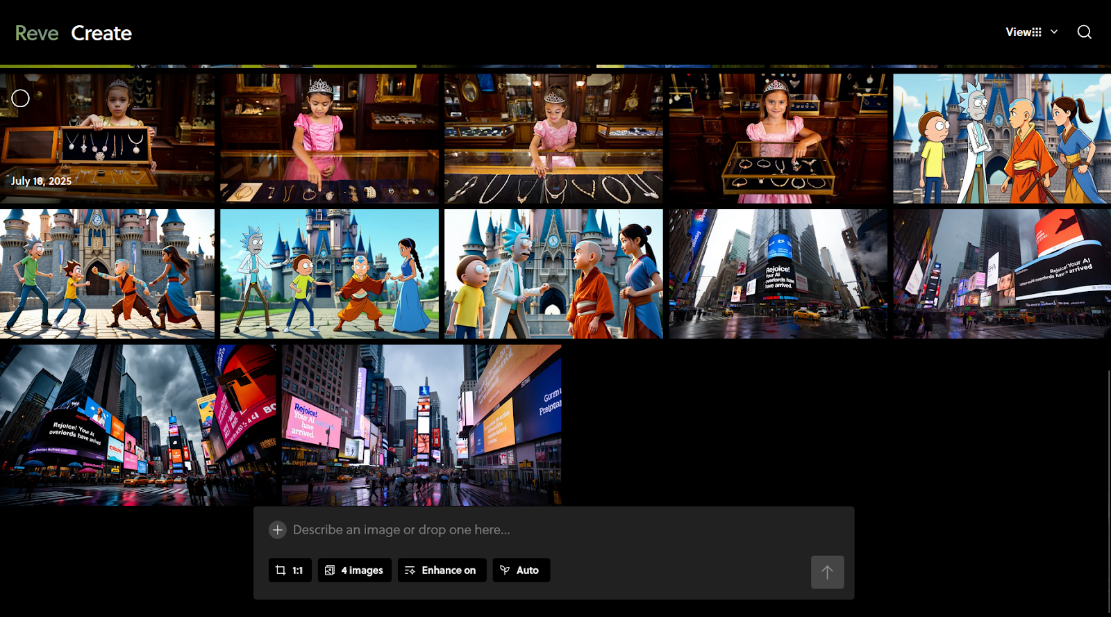 Screenshot of the Reve website, showing variations on AI-generated images related to three different prompts: a nighttime cityscape, Rick and Morty crossed with Airbender, and a young princess pointing at jewelry
