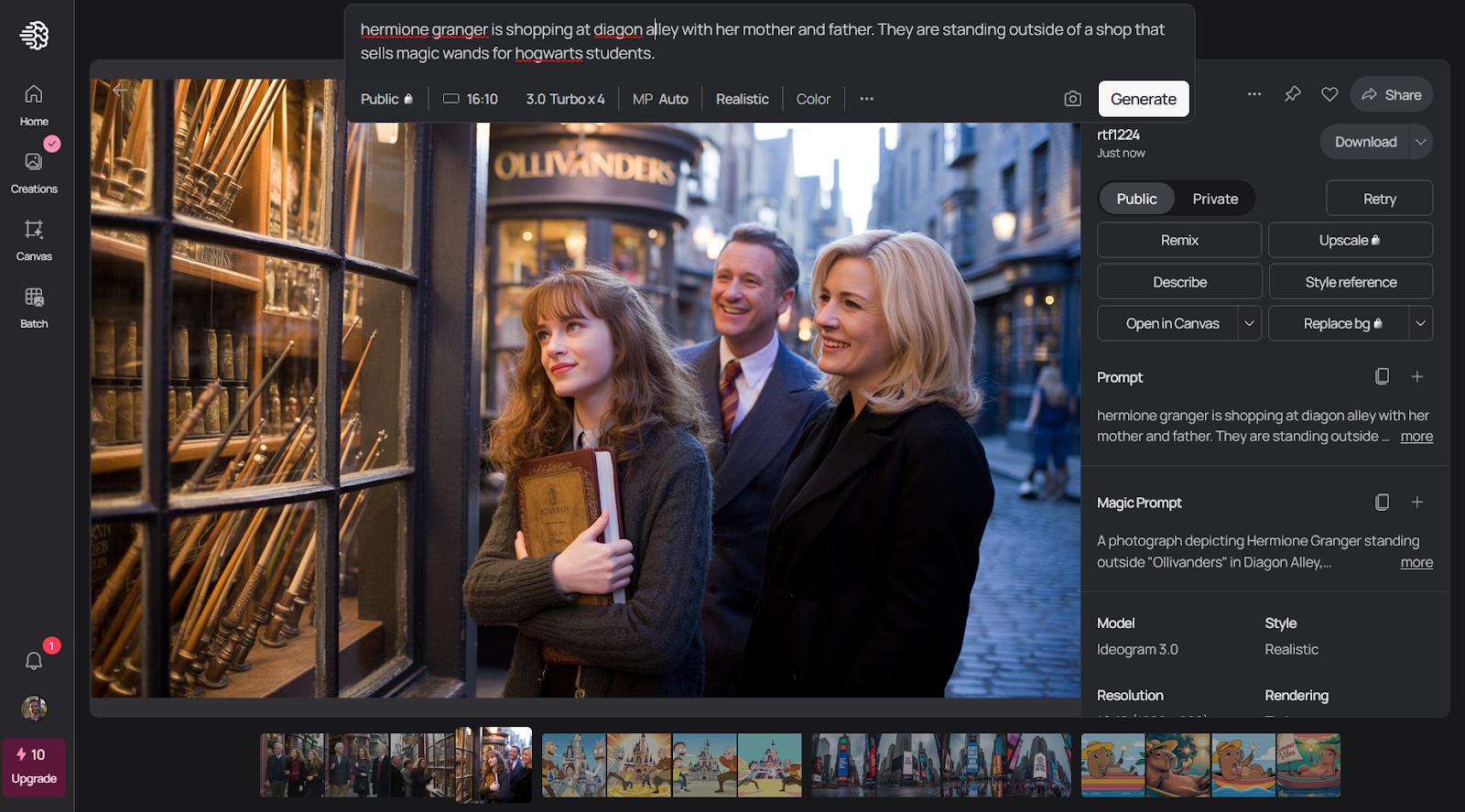 Screenshot from the Ideogram website, showing an AI image generated using a prompt about Hermione Granger shopping for wands in Diagon Alley