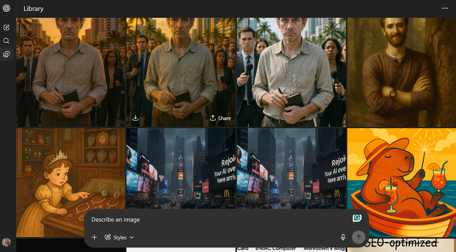 Screenshot showing ChatGPT website with variations of an image of a man followed by reporters, as well as a nighttime city scene and a few other images