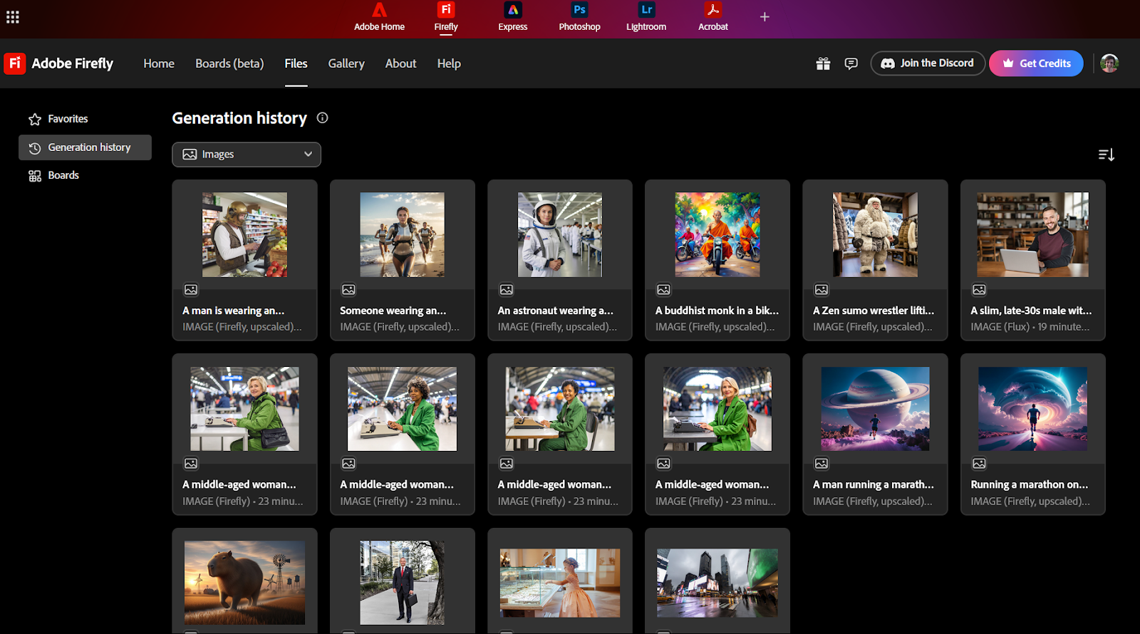 Screenshot from the Adobe Firefly website showing the various images created from a user's image generation history