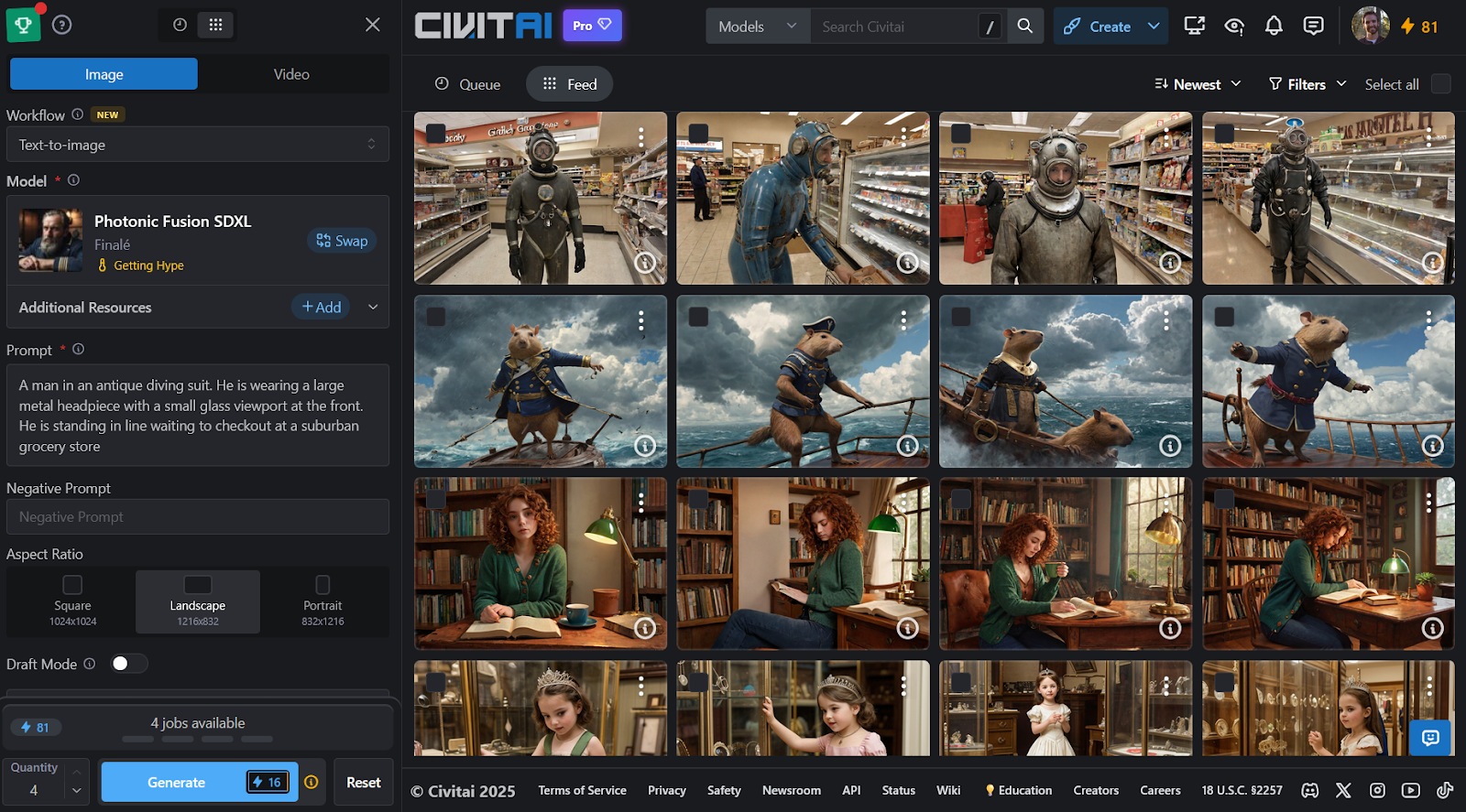 Screenshot of the Civitai website, showing AI-generated images from a prompt about a man in an antique diving suit