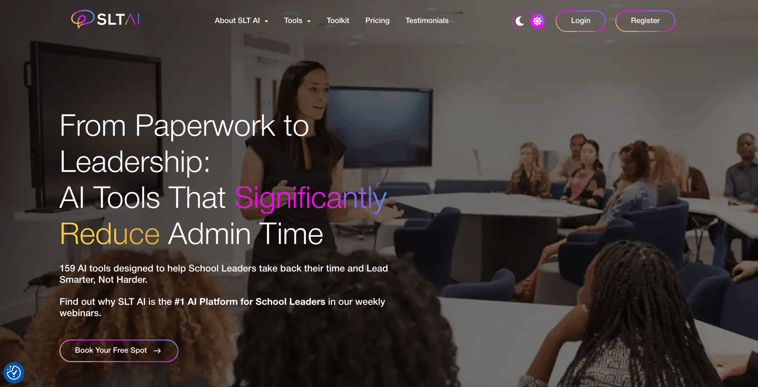 screenshot of SLT AI website homepage from paperwork to leadership AI tools that significantly reduce admin time