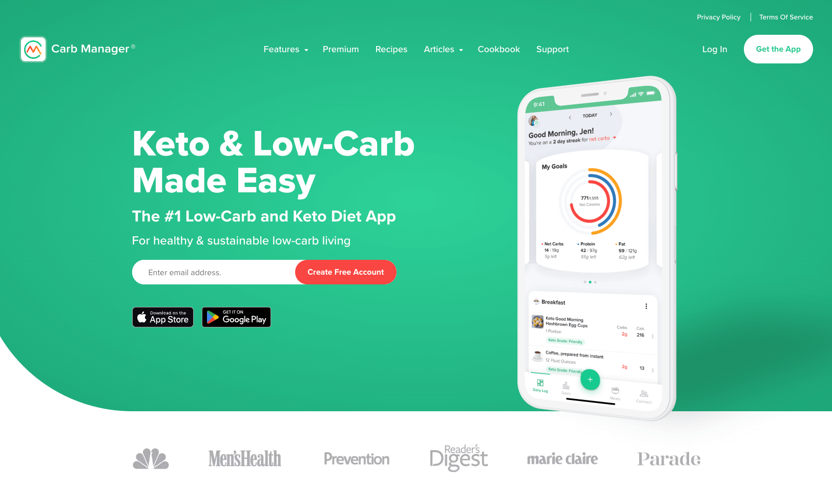 screenshot of carb manager website homepage keto and low carb made easy