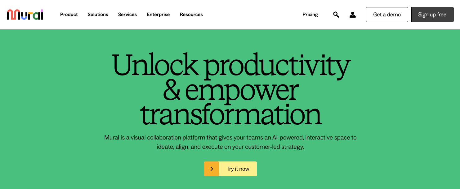 screenshot of Mural website homepage with the words unlock productivity and empower transformation