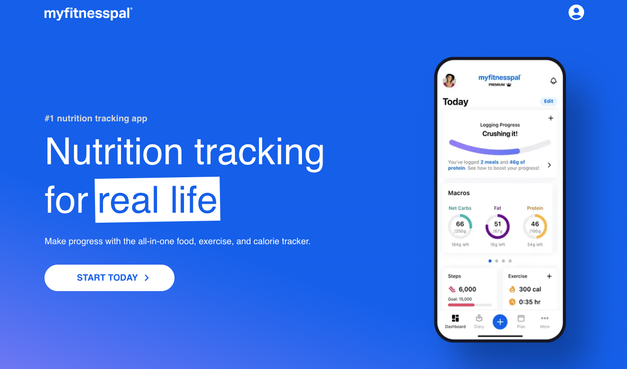 screenshot of myfitnesspal website homepage with the words nutrition tracking for real life