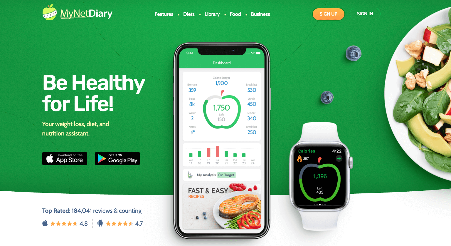 screenshot of mynetdiary website homepage be healthy for life
