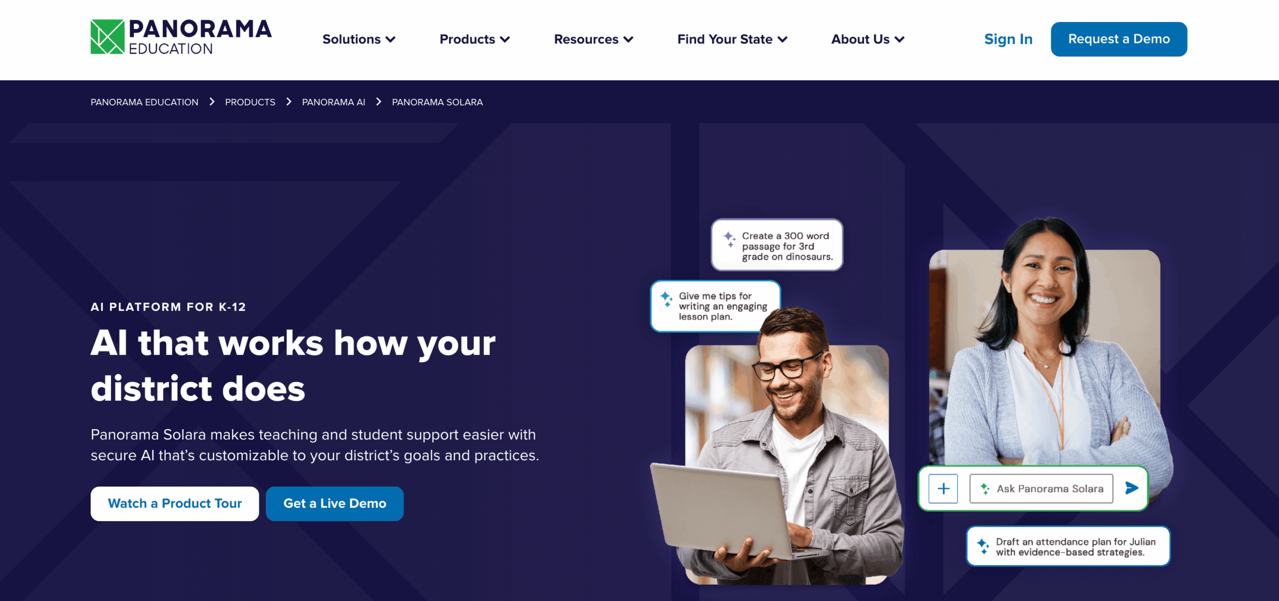 screenshot of panorama education website homepage with the words AI that works how your district does