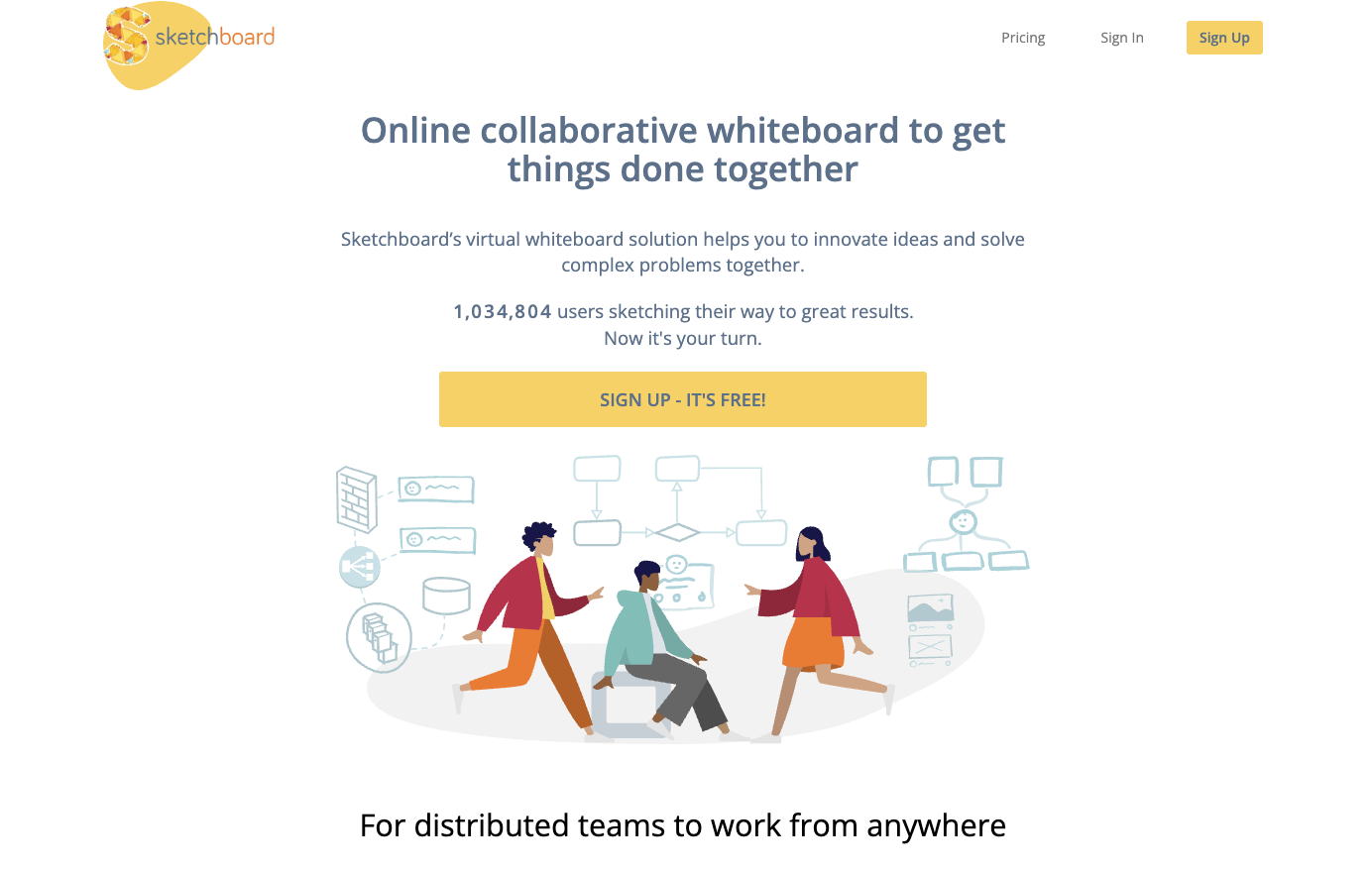 screenshot of sketchboard website homepage with the words online collaborative whiteboard to get things done together