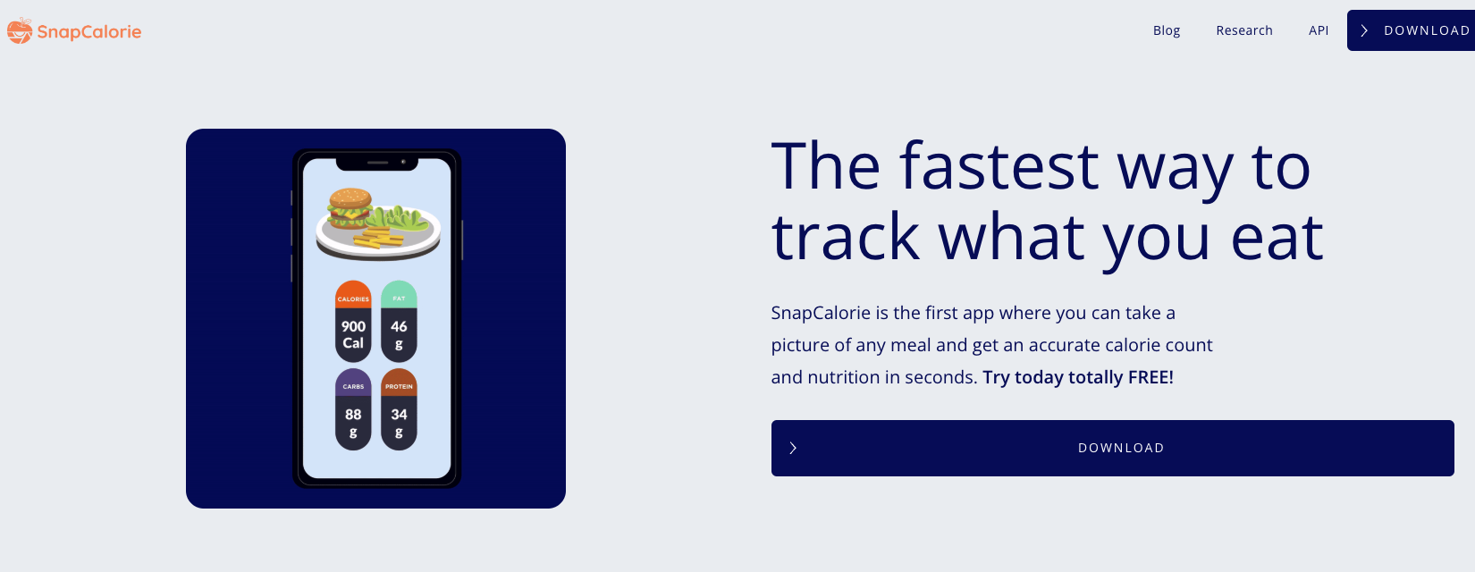 snapcalorie website homepage screenshot the fastest way to track what you eat