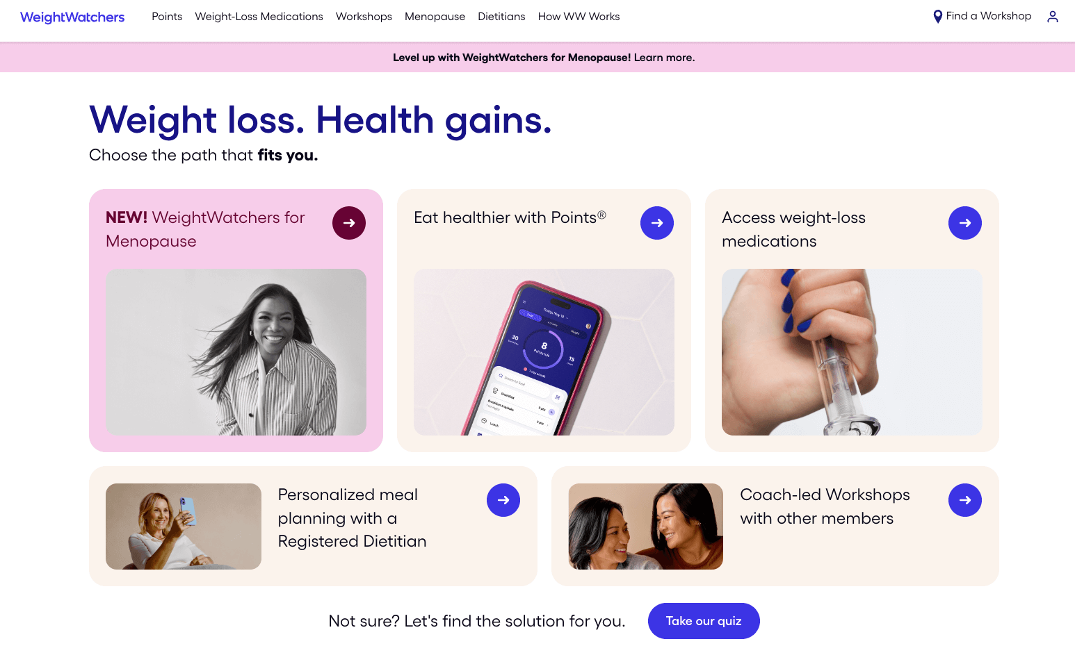 weight watchers website homepage screenshot with the words weight loss health gains
