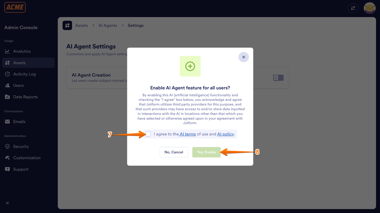 Enable AI Agent Feature for All Users pop-up with AI Terms of Use checkbox selected and Yes, Enable button clicked to confirm
