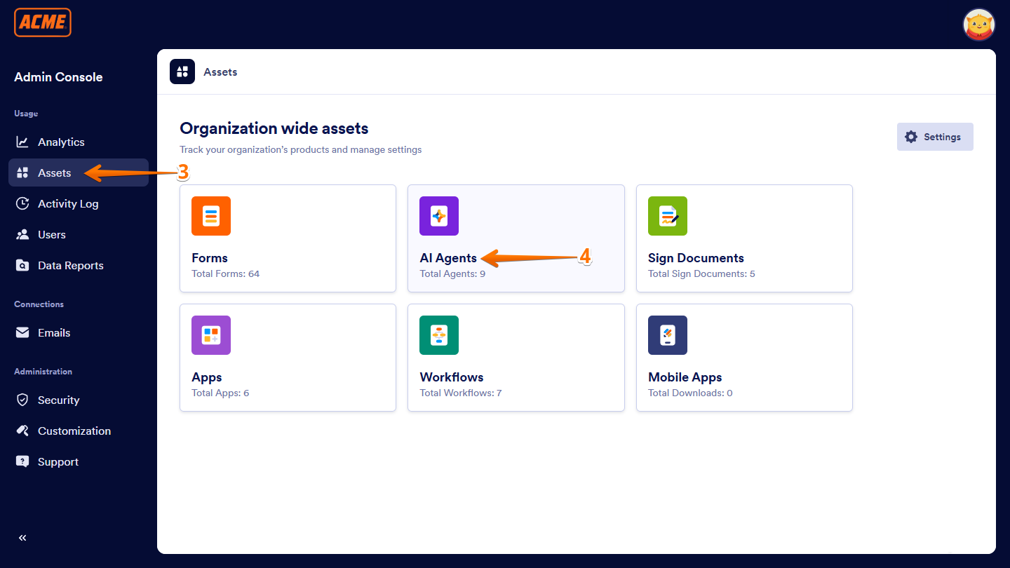 Admin Console page with Assets selected from the left menu and AI Agents option clicked under Organization Wide Assets