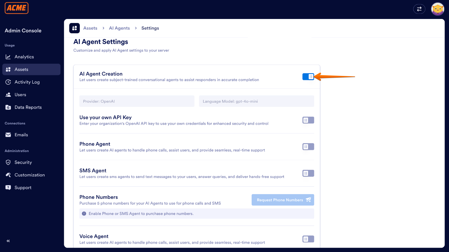 Confirmation message in Admin Console indicating AI Agent Creation has been successfully enabled for all users