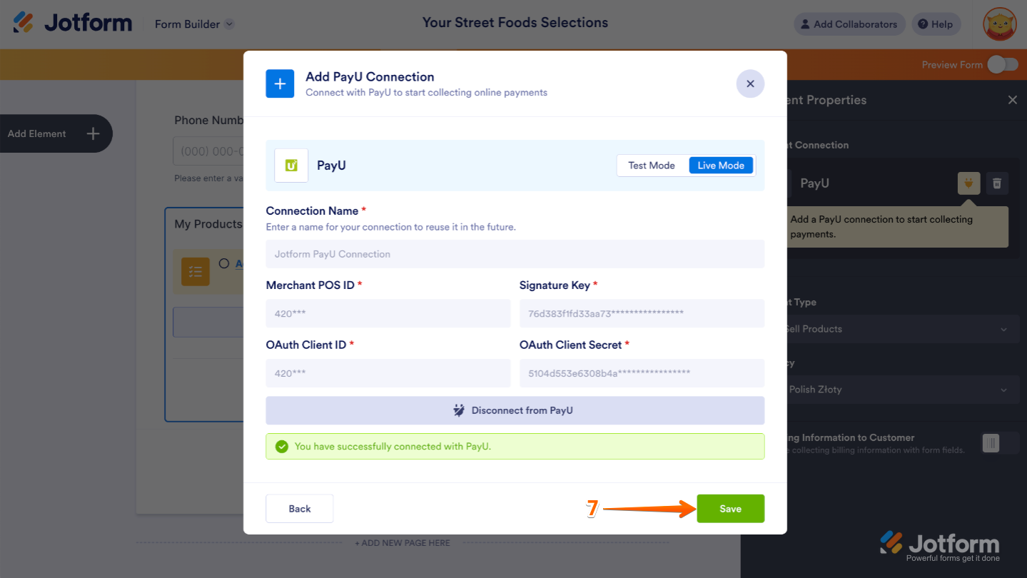 Save button highlighted in PayU integration window to confirm and save the payment connection settings